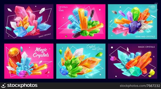 Magic gemstones and crystals with polygons and abstract geometric shapes. Vector banners of diamonds, amethyst and quartz with shiny facets, jewelry, mineral rocks and jewels. Magic crystal banners with gemstones or gems