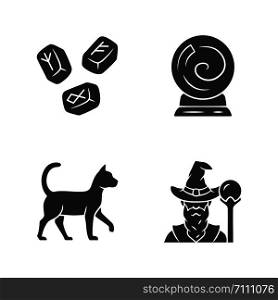 Magic glyph icons set. Runestones, fortune telling crystal ball, witch cat, wizard. Witchcraft and sorcery halloween symbols. Silhouette symbols. Vector isolated illustration