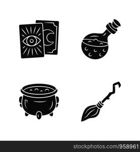 Magic glyph icons set. Tarot cards, potion, witch cauldron and broomstick. Witchcraft and sorcery Halloween items. Silhouette symbols. Vector isolated illustration