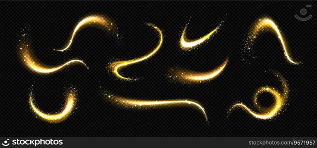 Magic gold glitter dust with star sparkle vector trail effect. Golden fairy shine light and stardust abstract swirl texture. Shiny luxury yellow tail with bright particle spray. Comet falling twirl. Magic gold glitter dust with star sparkle vector