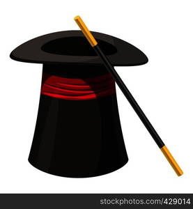 Magic hat and wand icon. Cartoon illustration of magic hat and wand vector icon for web. Magic hat and wand icon, cartoon style