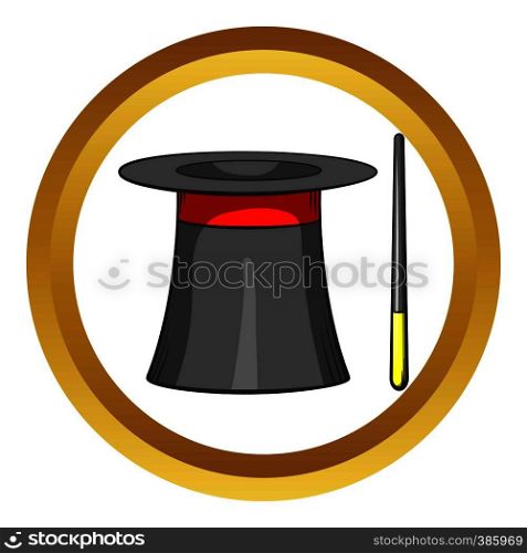 Magic hat and wand vector icon in golden circle, cartoon style isolated on white background. Magic hat and wand vector icon, cartoon style