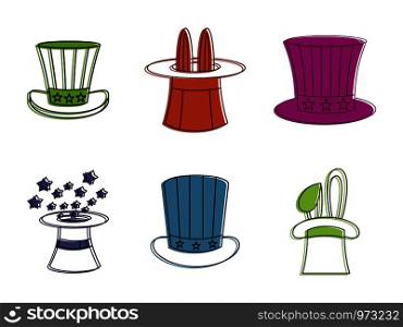 Magic hat icon set. Color outline set of magic hat vector icons for web design isolated on white background. Magic hat icon set, color outline style