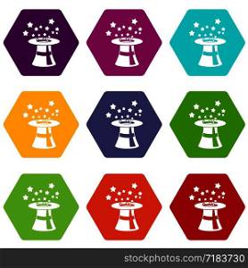 Magic hat with stars icon set many color hexahedron isolated on white vector illustration. Magic hat with stars icon set color hexahedron