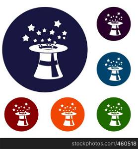 Magic hat with stars icons set in flat circle reb, blue and green color for web. Magic hat with stars icons set