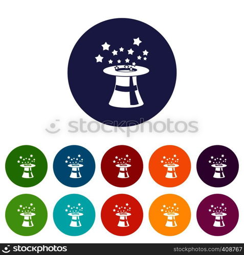 Magic hat with stars set icons in different colors isolated on white background. Magic hat with stars set icons