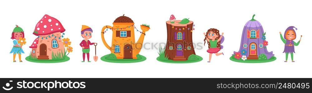 Magic houses fairies. Little pretty homes with fabulous residents, cute fairies and elves, color sorcery town, funny inhabitants, tiny boys and girls near magical builds vector cartoon flat style set. Magic houses fairies. Little pretty homes with fabulous residents, cute fairies and elves, color sorcery town, funny inhabitants, tiny boys and girls near magical builds vector cartoon flat set