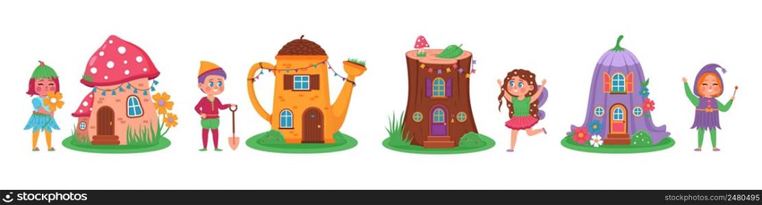 Magic houses fairies. Little pretty homes with fabulous residents, cute fairies and elves, color sorcery town, funny inhabitants, tiny boys and girls near magical builds vector cartoon flat style set. Magic houses fairies. Little pretty homes with fabulous residents, cute fairies and elves, color sorcery town, funny inhabitants, tiny boys and girls near magical builds vector cartoon flat set