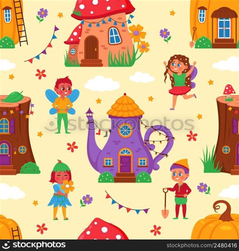 Magic houses seamless pattern. Little funny homes, fabulous creatures with flowers and garlands, cute fairies and elves, childish background. Decor textile, wrapping paper wallpaper, vector print. Magic houses seamless pattern. Little funny homes, fabulous creatures with flowers and garlands, cute fairies and elves, childish background. Decor textile, wrapping paper, vector print