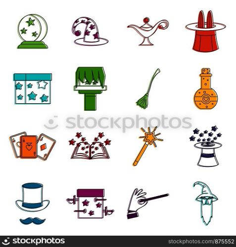 Magic icons set. Doodle illustration of vector icons isolated on white background for any web design. Magic icons doodle set