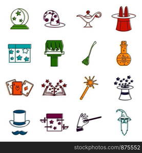 Magic icons set. Doodle illustration of vector icons isolated on white background for any web design. Magic icons doodle set