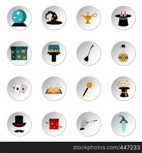 Magic icons set in flat style. Magic tricks set collection vector icons set illustration. Magic icons set in flat style
