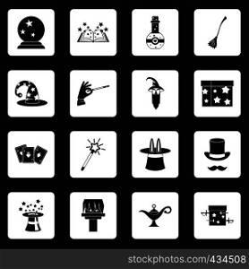 Magic icons set in white squares on black background simple style vector illustration. Magic icons set squares vector