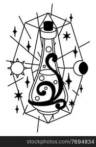Magic illustration with elixir. Mystic, alchemy, spirituality and tattoo art. Isolated vector print. Black and white magical simbol.. Magic illustration with elixir. Mystic, alchemy, spirituality and tattoo art.