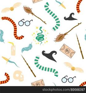 Magic items seamless pattern in flat style. School of Magic. Pumpkin, key, magic ball, feather, spider, hat, broom, skull, snake, goblet, wand, candle snitch book faculty ticket cauldron card. Magic items seamless pattern in flat style. School of Magic. Pumpkin, key, magic ball, feather, spider, purple hat, broom, skull, snake