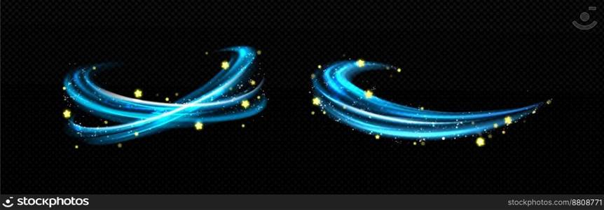 Magic light effect, blue air or wind flow with golden stars. Glow swirl trail, dream power motion with sparkles isolated on transparent background, Realistic 3d vector illustration. Magic effect, blue air swirl with golden stars