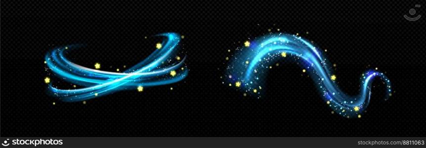 Magic light effect, blue air wave or wind flow with golden stars. Glow swirl trail, dream power motion with sparkles isolated on transparent background, Realistic 3d vector illustration. Magic effect, blue air swirl with golden stars