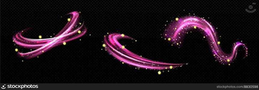 Magic light effect, pink air or wind flow with twinkle stars. Glow swirl trail, dream power motion with sparkles isolated on transparent background, Realistic 3d vector illustration. Magic effect, pink air swirl with golden stars