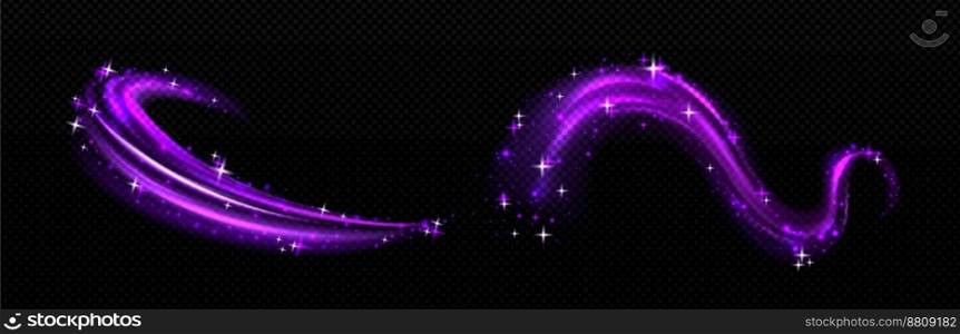 Magic light effect, purple air or wave wind flow with twinkle stars. Glow swirl trail, dream power stream motion with sparkles isolated on transparent background, Realistic 3d vector illustration. Magic effect, purple air swirl with white stars