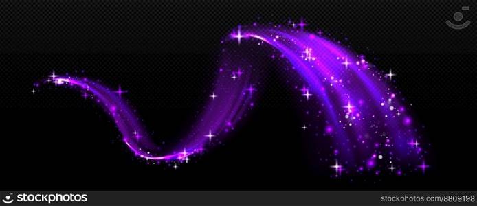 Magic light effect, purple air or wave wind flow with twinkle stars. Glow trail, dream power stream motion with sparkles isolated on transparent background, Realistic 3d vector illustration. Magic effect, purple air swirl with white stars