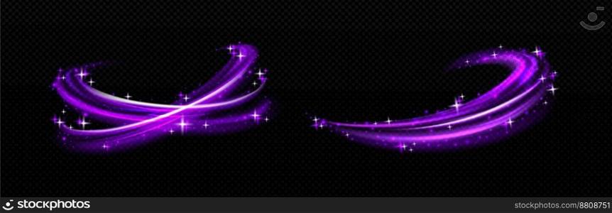 Magic light effect, purple air or wind flow with twinkle stars. Glow swirl trail, dream power motion with sparkles isolated on transparent background, Realistic 3d vector illustration. Magic effect, purple air swirl with white stars