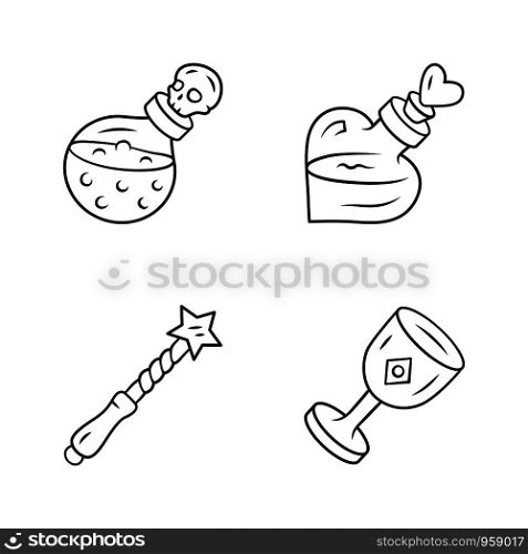Magic linear icons set. Magical death and love potions, witch wand, ceremonial chalice. Witchcraft, occult ritual item. Thin line contour symbol. Isolated vector outline illustrations. Editable stroke