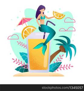 Magic Mermaid Advertising Orange Fresh Cartoon. Flat Vector Siren Character Sitting on Huge Glass with Juice and Offering Fruit Slice Creative Illustration. Beach Bar Menu Advertisement. Palm and Sand. Magic Mermaid Advertising Orange Fresh Cartoon