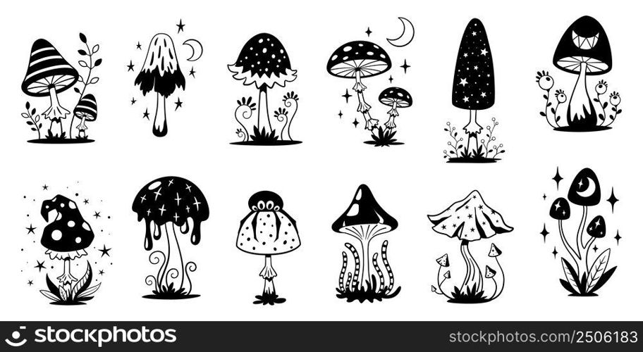 Magic mushrooms. Art mystic mushroom, black hippy groovy and psychedelic fantasy fungus with celestial signs. 70s vintage witchy garish vector stickers. Illustration of mushroom mystic toxic. Magic mushrooms. Art mystic mushroom, black hippy groovy and psychedelic fantasy fungus with celestial signs. 70s vintage witchy garish vector stickers