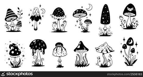 Magic mushrooms. Art mystic mushroom, black hippy groovy and psychedelic fantasy fungus with celestial signs. 70s vintage witchy garish vector stickers. Illustration of mushroom mystic toxic. Magic mushrooms. Art mystic mushroom, black hippy groovy and psychedelic fantasy fungus with celestial signs. 70s vintage witchy garish vector stickers