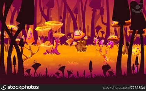 Magic mushrooms fantasy game level landscape, alien forest scene location. Cartoon vector parallax background with strange fungi, unusual fairytale plants with bright luminous glowing caps and sparks. Magic mushrooms fantasy game level landscape scene