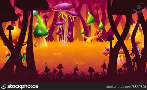 Magic mushrooms in fairy forest game level landscape. Fantasy vector background, alien planet natural scene location. Cartoon parallax effect with strange fungi, unusual fairytale glow plants on field. Magic mushrooms in fairy forest, game level scene