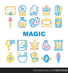Magic Mystery Objects Collection Icons Set Vector. Sphere For Spiritism And Magic Cards, Ouija Board For Communicating With Spirits And Runes Concept Linear Pictograms. Contour Color Illustrations. Magic Mystery Objects Collection Icons Set Vector