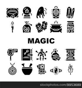Magic Mystery Objects Collection Icons Set Vector. Sphere For Spiritism And Magic Cards, Ouija Board For Communicating With Spirits And Runes Glyph Pictograms Black Illustrations. Magic Mystery Objects Collection Icons Set Vector