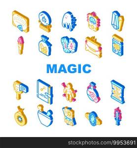 Magic Mystery Objects Collection Icons Set Vector. Sphere For Spiritism And Magic Cards, Ouija Board For Communicating With Spirits And Runes Isometric Sign Color Illustrations. Magic Mystery Objects Collection Icons Set Vector