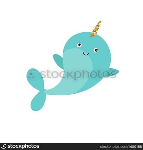 Magic narwhal on white background. Cute sea unicorn vector illustration. Smiling happy animal. Cartoon flat design. Magic narwhal on white background vector illustration flat design