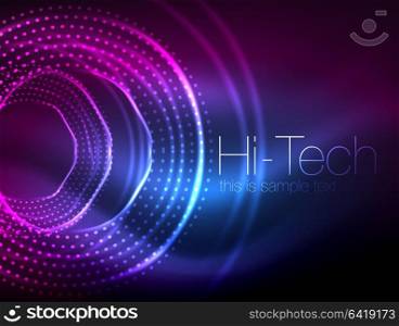 Magic neon circle shape abstract background, shiny light effect template for web banner, business or technology presentation background or elements, vector illustration. Magic neon circle shape abstract background, shiny light effect template for web banner, business or technology presentation background or elements, vector illustration. Disco or party design