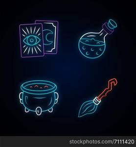 Magic neon light icons set. Tarot cards, potion, witch cauldron and broomstick. Witchcraft and sorcery Halloween items. Glowing signs. Vector isolated illustrations