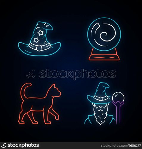 Magic neon light icons set. Wizard hat, fortune telling crystal ball, witch cat, magician. Witchcraft, sorcery mystic items. Halloween symbols. Glowing signs. Vector isolated illustrations