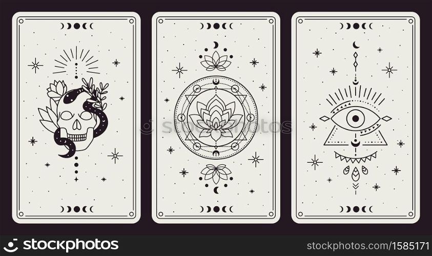 Magic occult cards. Vintage hand drawn mystic tarot cards, skull, lotus and evil eye magical symbols, magic occult cards vector illustration set. Esoteric, astrological elements for prediction. Magic occult cards. Vintage hand drawn mystic tarot cards, skull, lotus and evil eye magical symbols, magic occult cards vector illustration set