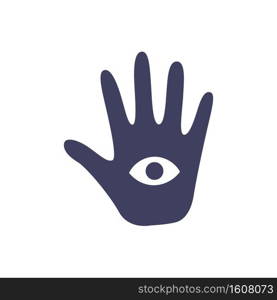 Magic occult hand of divination with an eye on a white background. Attributes for magic and witchcraft. Hand drawn vector isolated single illustration.