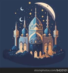 Magic of the Moon: Studio Ghibli-inspired Mosque and Half Moon Illustration with Light Splash - T-Shirt Design