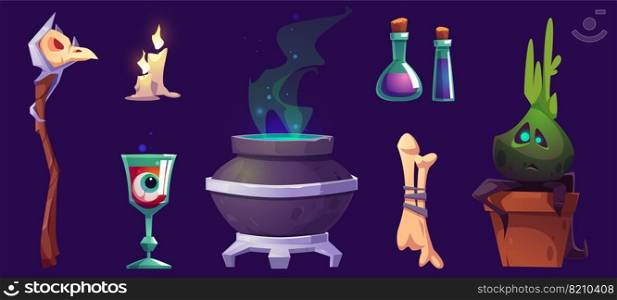 Magic or halloween stuff witch cauldron, staff with bird skull, burning candles, eyeball in goblet, potion in beakers, bones and potted plant, pc game items isolated cartoon illustration, icons set. Magic or halloween stuff cartoon icons set
