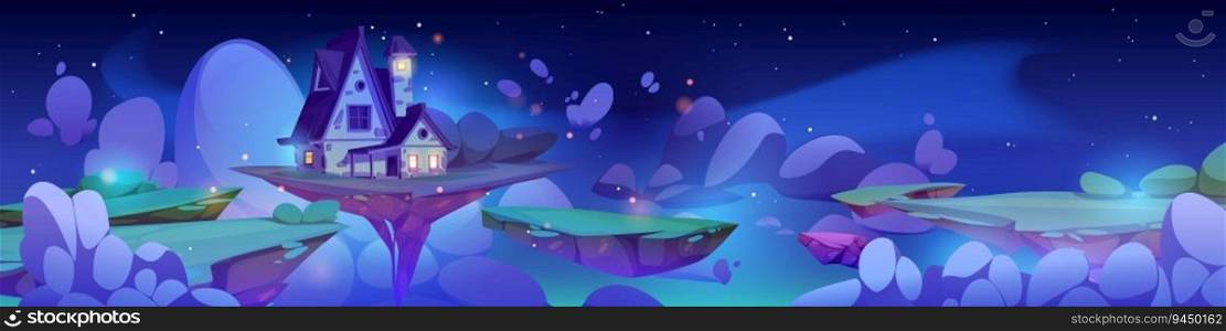 Magic path to house on fantasy floating platform in sky landscape. Fairytale game illustration with flying island and building at night. Dark medieval halloween hut scenery vector fable design.. Magic path to fantasy house on platform in sky