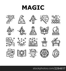 Magic Performing And Accessories Icons Set Vector. Rabbit In Hat Illusionist Magic Focus And Show, Crystal And Book, Card And Sphere, Potion Liquid And Fairy Line. Black Contour Illustrations. Magic Performing And Accessories Icons Set Vector