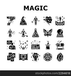 Magic Performing And Accessories Icons Set Vector. Rabbit In Hat Illusionist Magic Focus And Show, Crystal And Book, Card And Sphere, Potion Liquid And Fairy Glyph Pictograms Black Illustrations. Magic Performing And Accessories Icons Set Vector