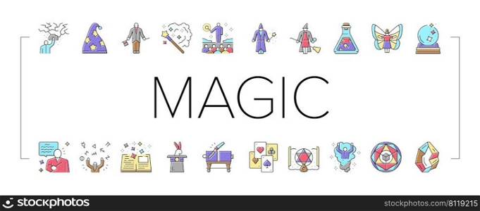 Magic Performing And Accessories Icons Set Vector. Rabbit In Hat Illusionist Magic Focus And Show, Crystal And Book, Card And Sphere, Potion Liquid And Fairy Line. Color Illustrations. Magic Performing And Accessories Icons Set Vector