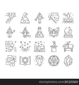 Magic Performing And Accessories Icons Set Vector. Rabbit In Hat Illusionist Magic Focus And Show, Crystal And Book, Card And Sphere, Potion Liquid And Fairy Line. Black Contour Illustrations. Magic Performing And Accessories Icons Set Vector