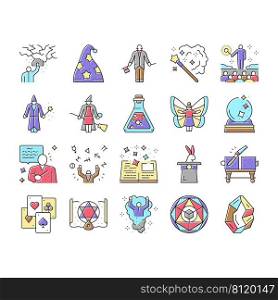 Magic Performing And Accessories Icons Set Vector. Rabbit In Hat Illusionist Magic Focus And Show, Crystal And Book, Card And Sphere, Potion Liquid And Fairy Line. Color Illustrations. Magic Performing And Accessories Icons Set Vector