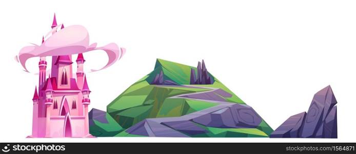 Magic pink castle and hill isolated on white background. Vector cartoon illustration of cute princess palace in fairytale kingdom with clouds around towers and green mountain. Vector cartoon magic pink castle and green hill