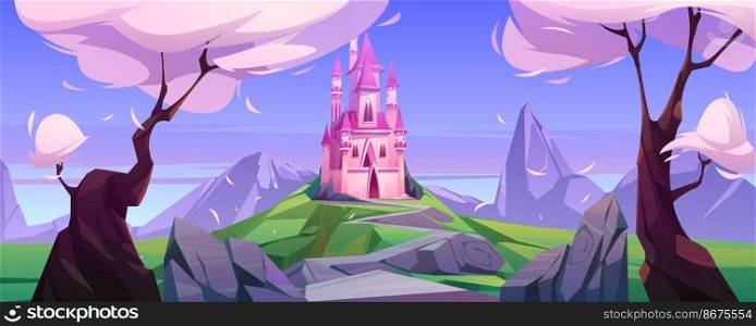 Magic pink castle on green hill. Vector cartoon landscape with mountains, trees and road to cute princess palace with towers. Fairytale illustration with mystery royal castle. Vector cartoon magic pink castle in mountains